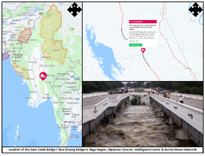 Location of Swar Creek Bridge where there is current flooding in the Bago region of Myanmar